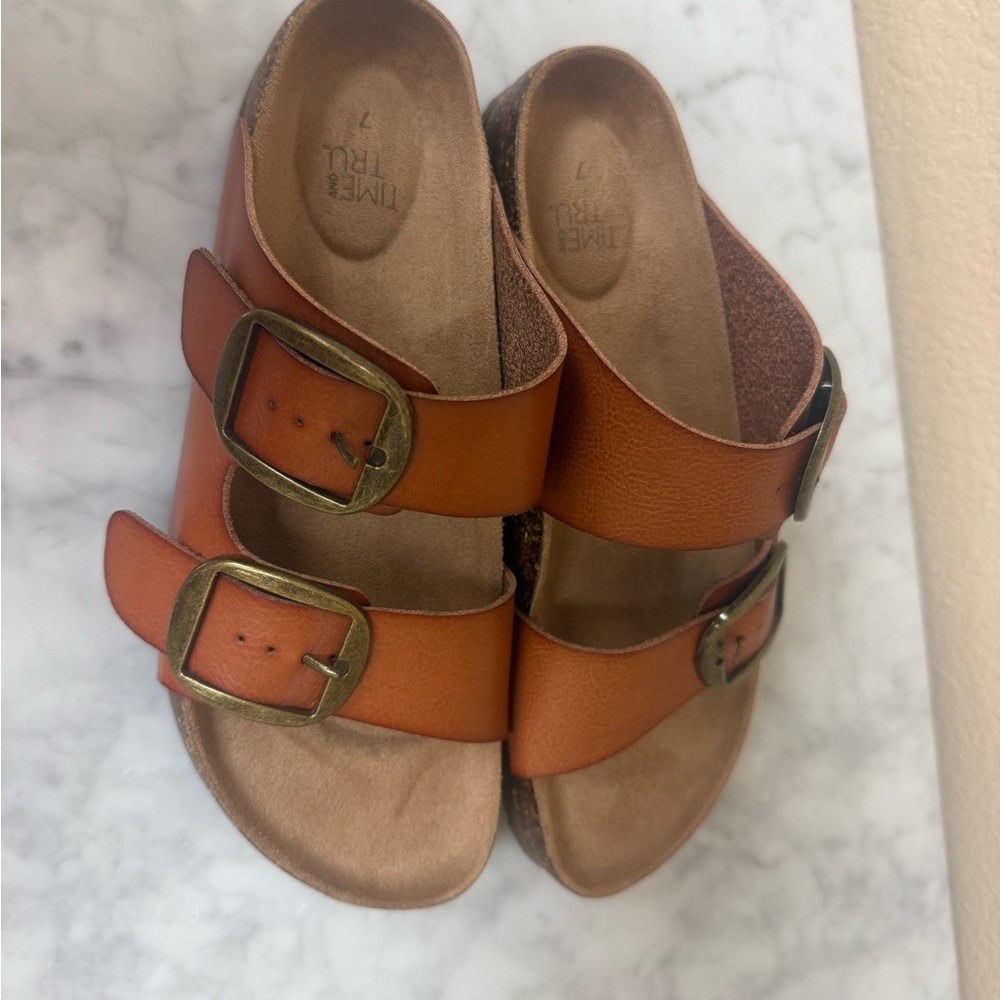 Time and Tru Orange Leather-Look Double Buckle Slide Mules❣️